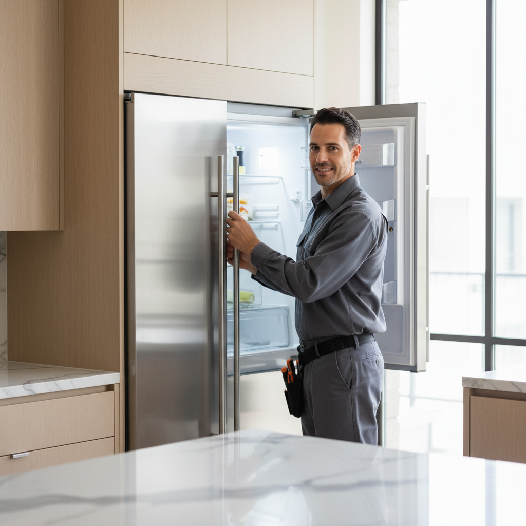 Professional technician inspecting a premium built-in refrigerator